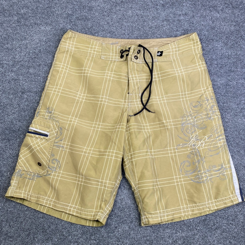 Immersion Research Mens Tan Plaid Board Shorts Size 36 Cargo Pocket Swim Y2K